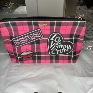 Victoria's Secret Hot Pink Plaid Patch Cosmetic Bag